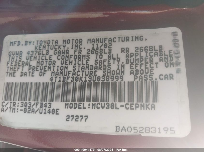 2003 Toyota Camry Le V6 VIN: 4T1BF30K13U038999 Lot: 40044479