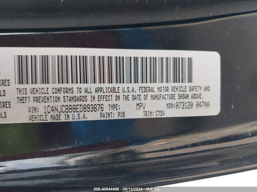 2014 Jeep Compass Sport VIN: 1C4NJCBB8ED893876 Lot: 40044496