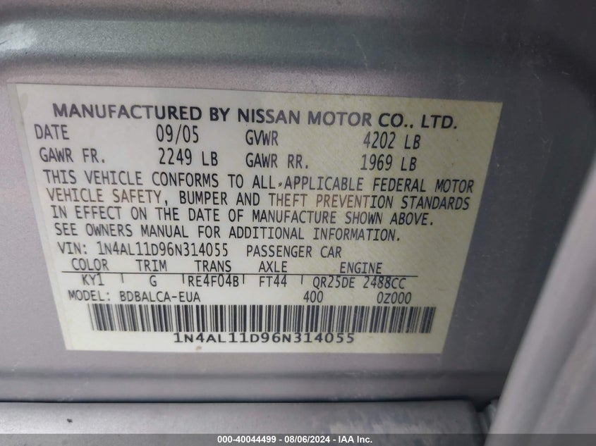 1N4AL11D96N314055 2006 Nissan Altima 2.5 S