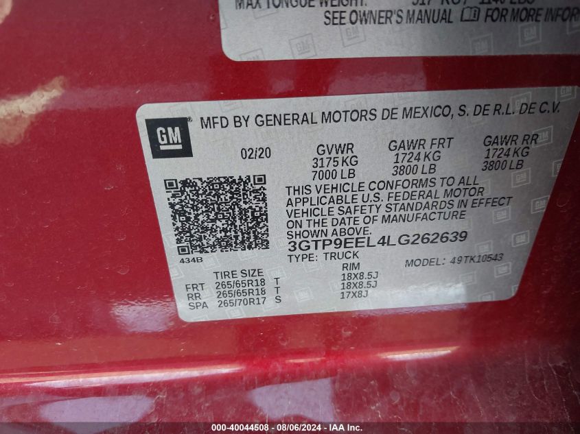 2020 GMC Sierra 1500 4Wd Short Box At4 VIN: 3GTP9EEL4LG262639 Lot: 40044508