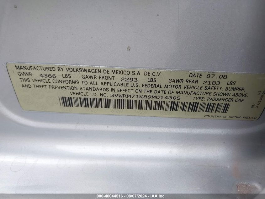 2009 Volkswagen Jetta Se/Sel VIN: 3VWRM71K89M014305 Lot: 40044516