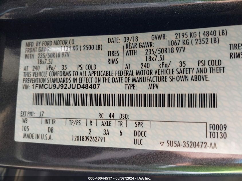 2018 Ford Escape Titanium VIN: 1FMCU9J92JUD48407 Lot: 40044517