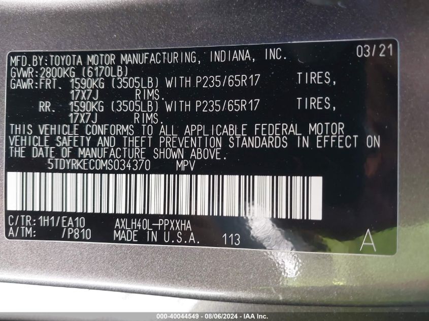 2021 Toyota Sienna Xle VIN: 5TDYRKEC0MS034370 Lot: 40044549