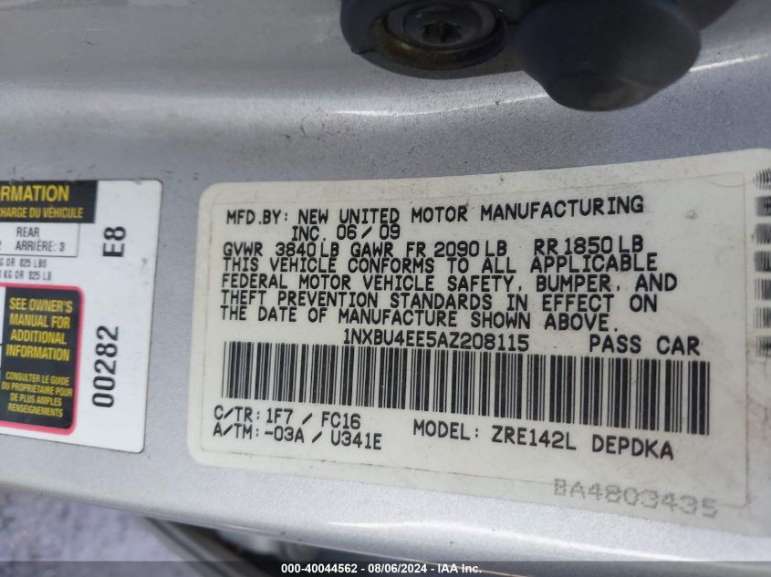 2010 Toyota Corolla Le VIN: 1NXBU4EE5AZ208115 Lot: 40044562