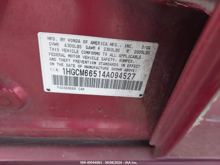 2004 Honda Accord 3.0 Ex VIN: 1HGCM66514A094527 Lot: 40044563