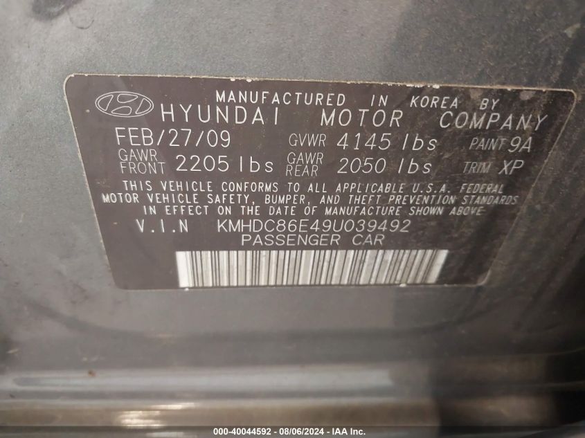 2009 Hyundai Elantra Touring VIN: KMHDC86E49U039492 Lot: 40044592
