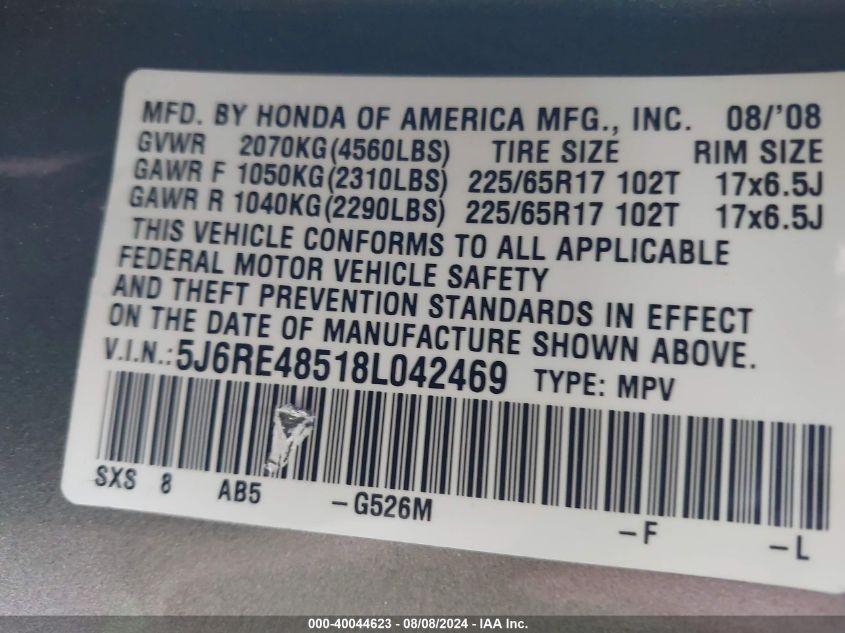 2008 Honda Cr-V Ex VIN: 5J6RE48518L042469 Lot: 40044623