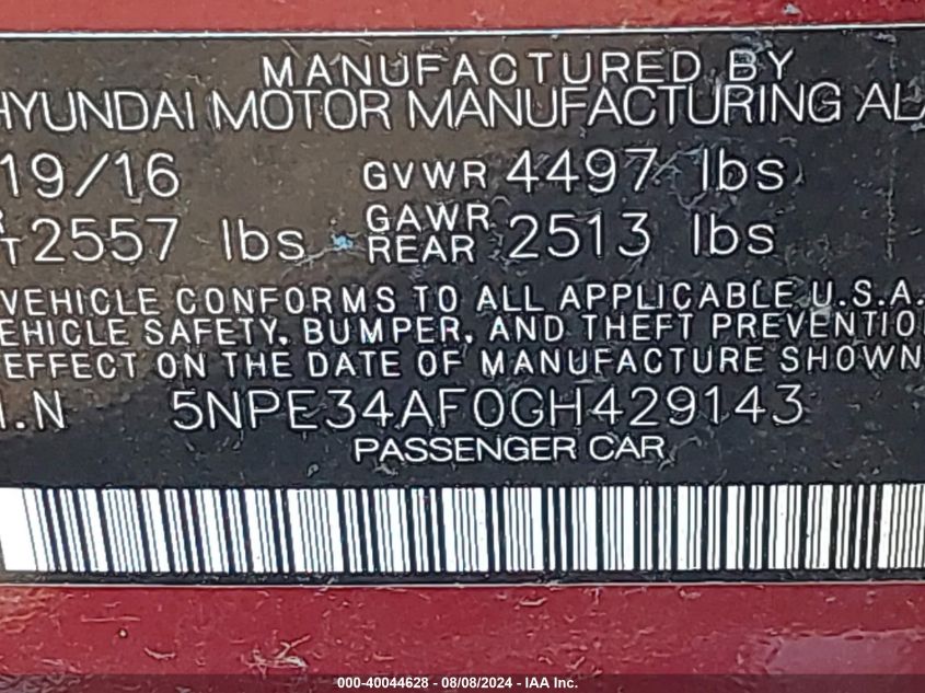 2016 Hyundai Sonata Sport VIN: 5NPE34AF0GH429143 Lot: 40044628