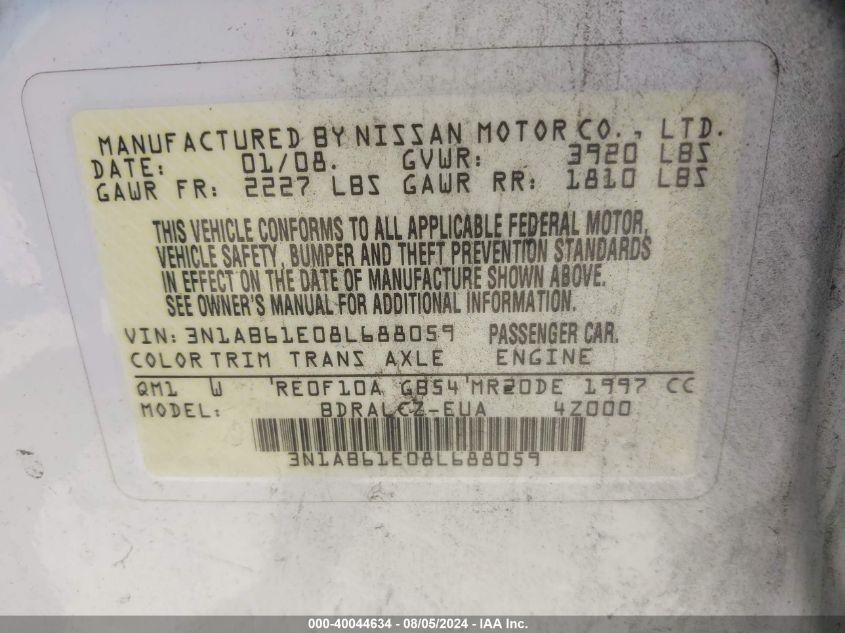 2008 Nissan Sentra 2.0 VIN: 3N1AB61E08L688059 Lot: 40044634