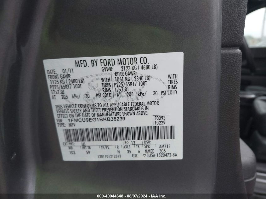 2011 Ford Escape Limited VIN: 1FMCU9EG1BKB38239 Lot: 40044648