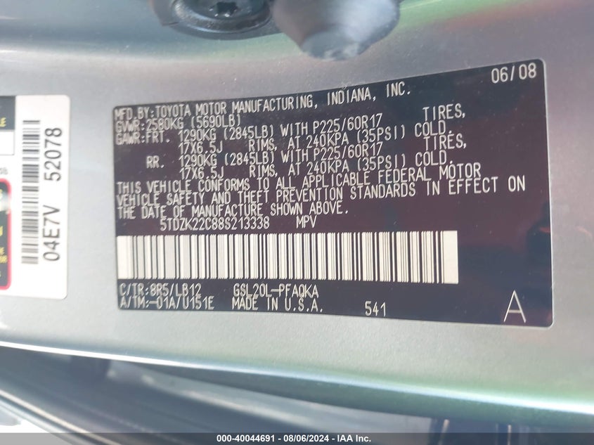 2008 Toyota Sienna Xle/Xle Limited VIN: 5TDZK22C88S213338 Lot: 40044691