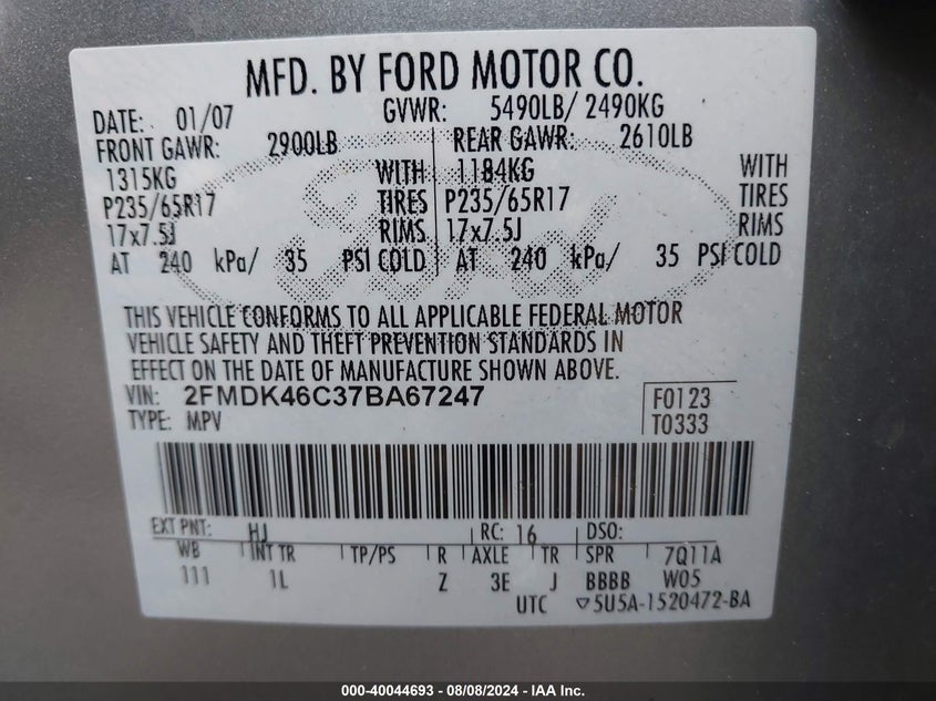 2007 Ford Edge Se VIN: 2FMDK46C37BA67247 Lot: 40044693