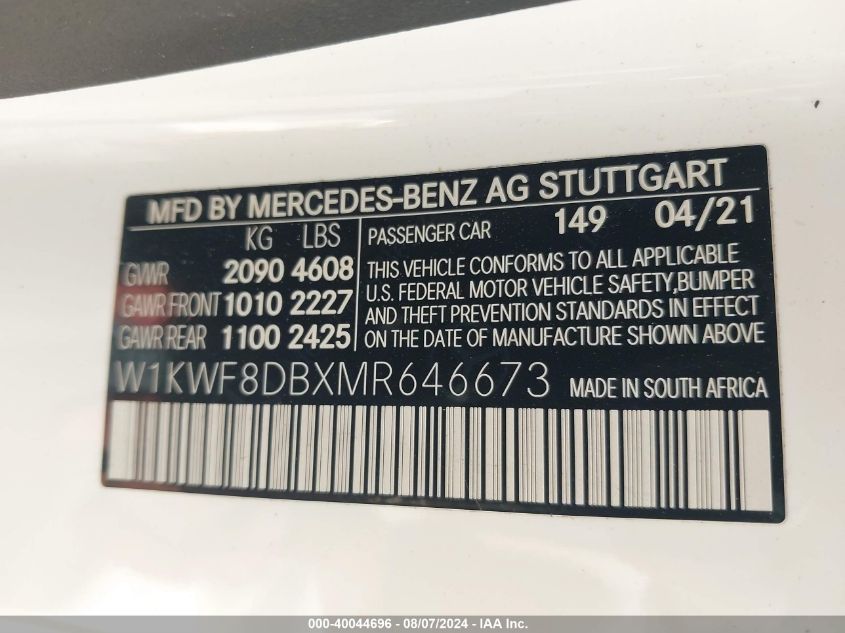 VIN W1KWF8DBXMR646673 2021 MERCEDES-BENZ C 300 SEDAN