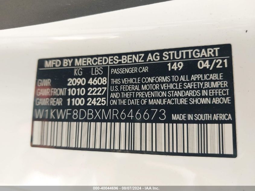 2021 Mercedes-Benz C 300 Sedan VIN: W1KWF8DBXMR646673 Lot: 40044696