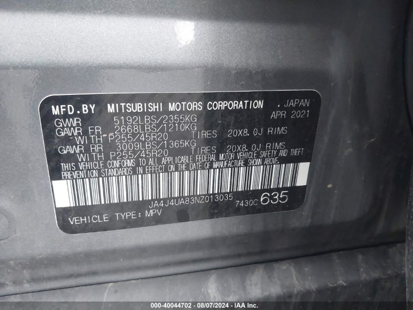 2022 Mitsubishi Outlander Se 2.5 S-Awc VIN: JA4J4UA83NZ013035 Lot: 40044702