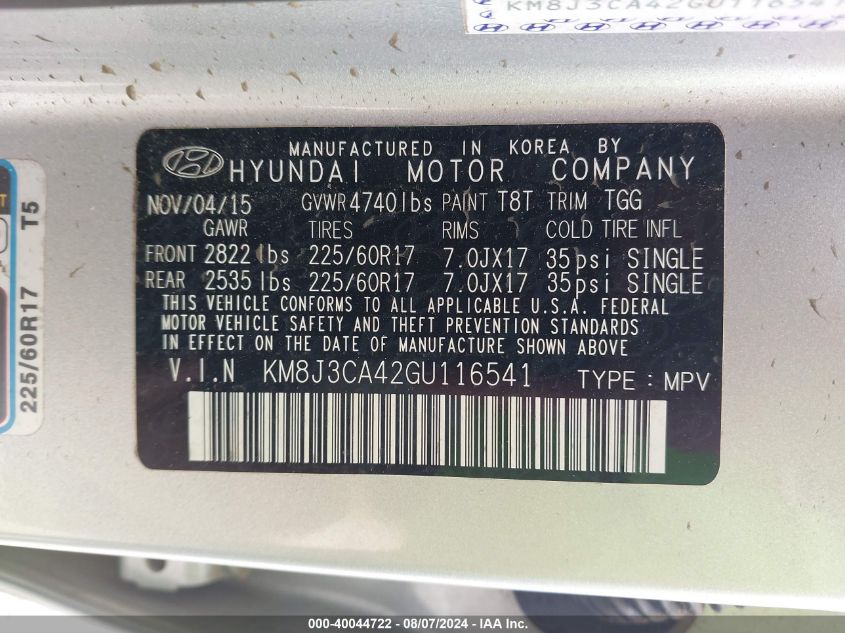 2016 Hyundai Tucson Se VIN: KM8J3CA42GU116541 Lot: 40044722