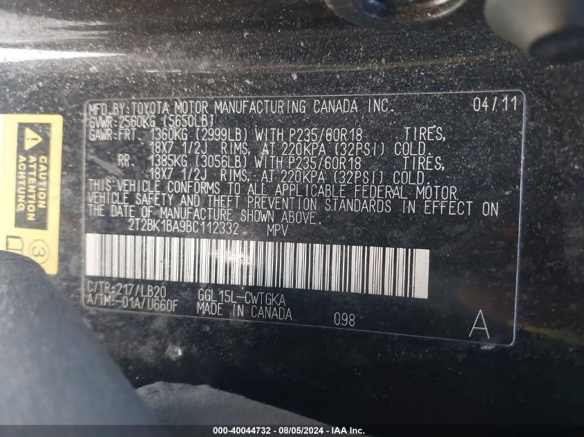 2011 Lexus Rx 350 VIN: 2T2BK1BA9BC112332 Lot: 40044732