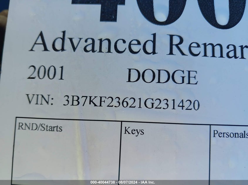 2001 Dodge Ram 2500 St VIN: 3B7KF23621G231420 Lot: 40044738