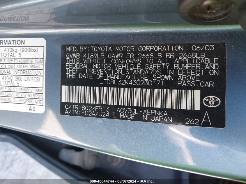 2003 Toyota Camry Le VIN: JTDBE32K430230171 Lot: 40044744