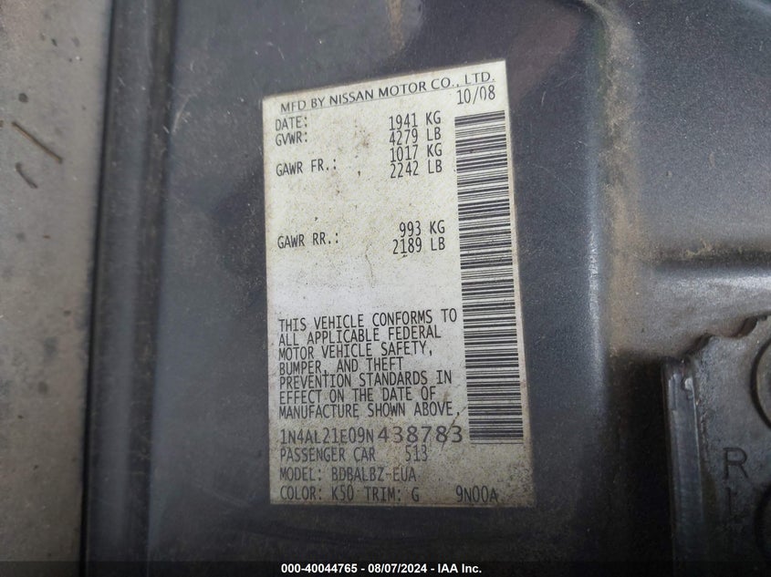 2009 Nissan Altima 2.5 S VIN: 1N4AL21E09N438783 Lot: 40044765