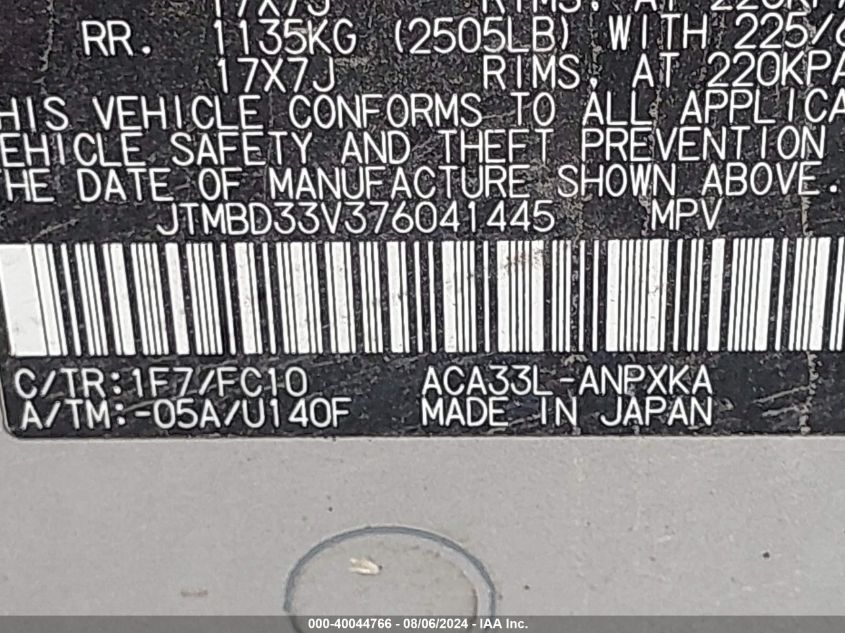 2007 Toyota Rav4 VIN: JTMBD33V376041445 Lot: 40044766