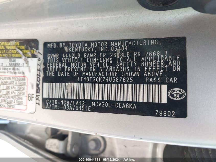 2004 Toyota Camry Xle V6 VIN: 4T1BF30K74U587625 Lot: 40044781