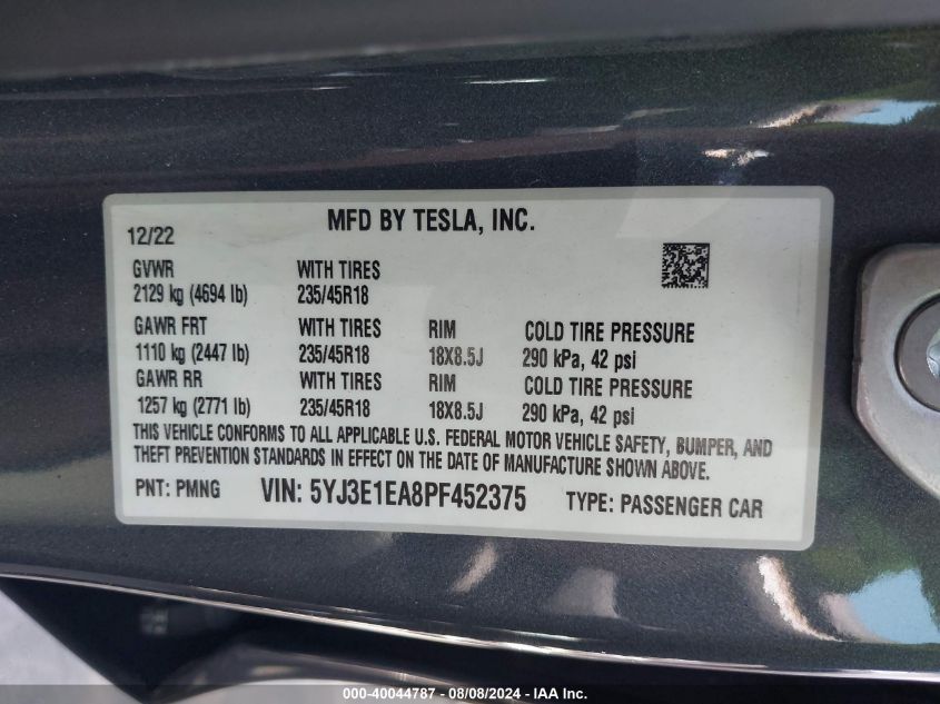 2023 TESLA MODEL 3 REAR-WHEEL DRIVE - 5YJ3E1EA8PF452375