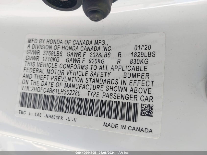 VIN 2HGFC4B61LH302280 2020 HONDA CIVIC LX