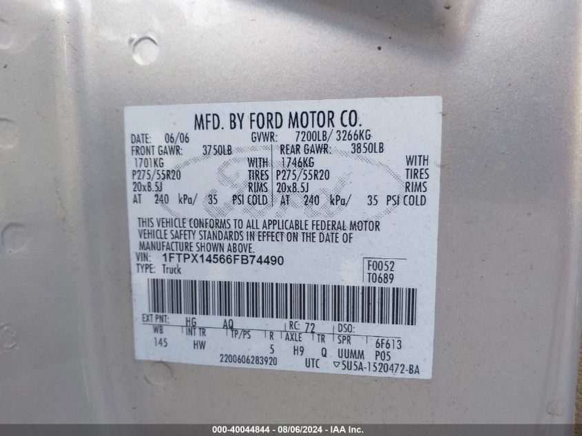 2006 Ford F-150 Fx4/Lariat/Xl/Xlt VIN: 1FTPX14566FB74490 Lot: 40044844