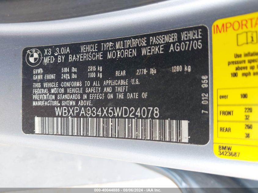 2005 BMW X3 3.0I VIN: WBXPA934X5WD24078 Lot: 40044885