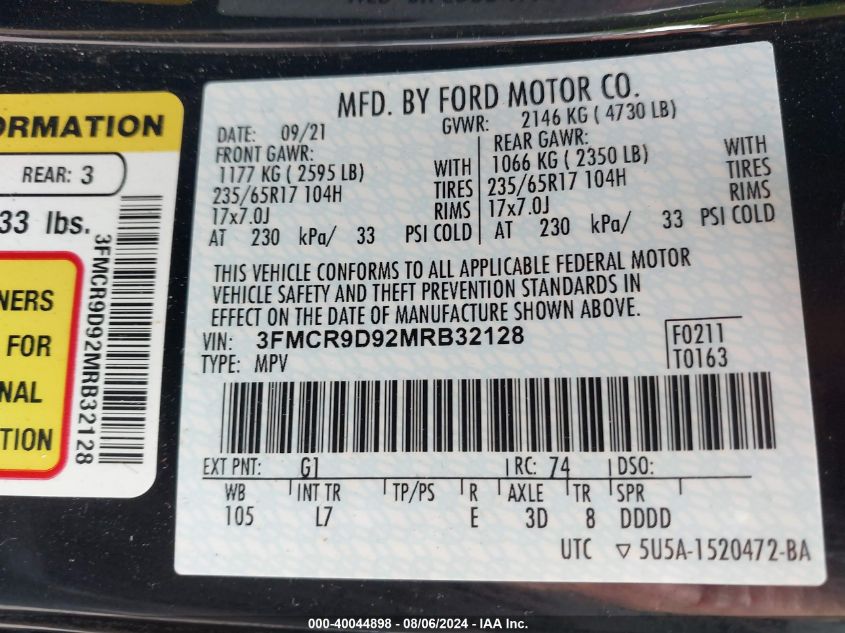 2021 Ford Bronco Sport Badlands VIN: 3FMCR9D92MRB32128 Lot: 40044898