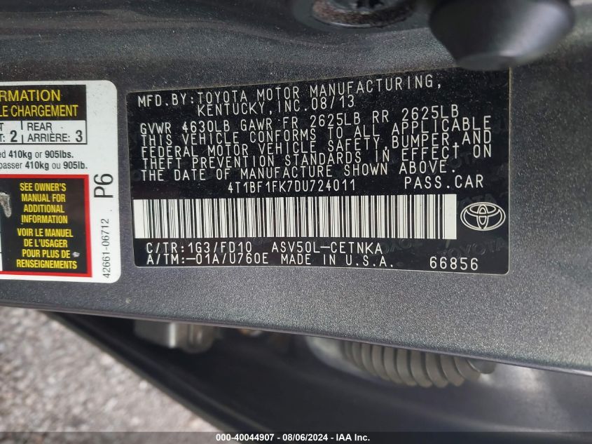 4T1BF1FK7DU724011 | 2013 TOYOTA CAMRY