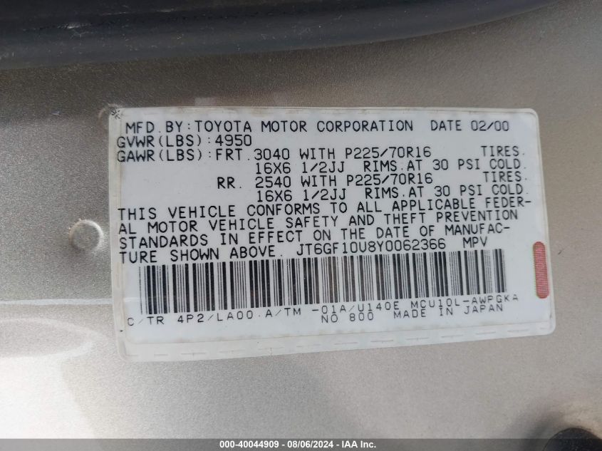 JT6GF10U8Y0062366 | 2000 LEXUS RX 300