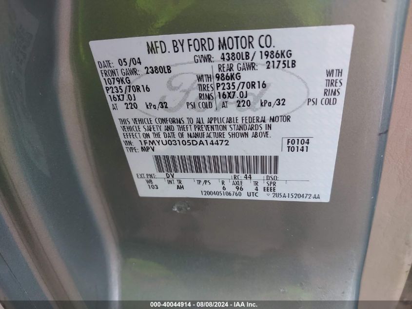 2005 Ford Escape Xlt VIN: 1FMYU03105DA14472 Lot: 40044914