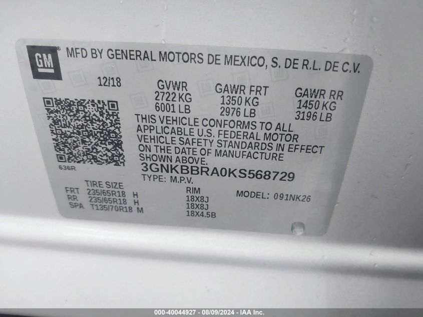 2019 Chevrolet Blazer VIN: 3GNKBBRA0KS568729 Lot: 40044927