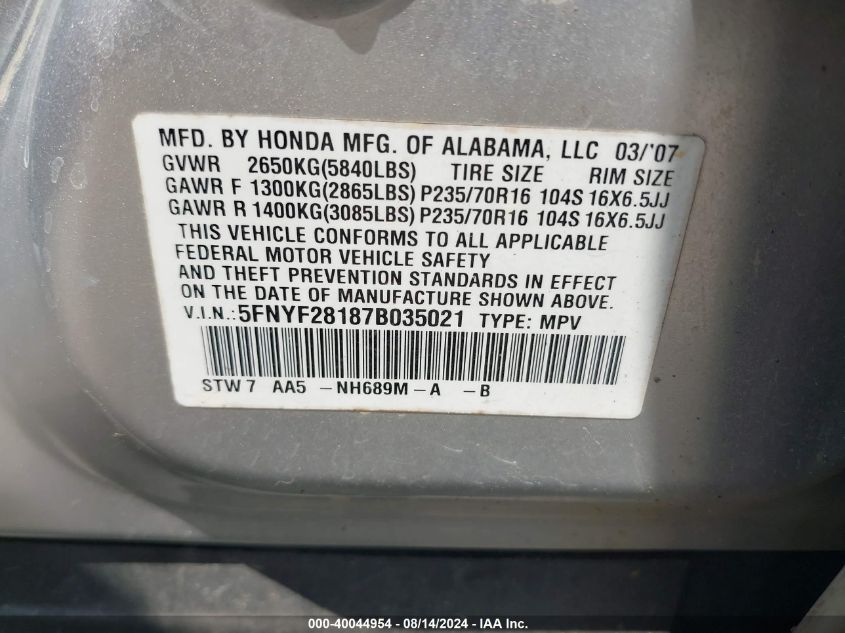 2007 Honda Pilot Lx VIN: 5FNYF28187B035021 Lot: 40044954