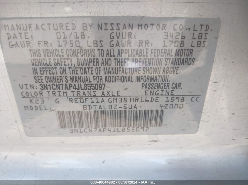 2018 Nissan Versa S/S Plus/Sv/Sl VIN: 3N1CN7AP4JL855097 Lot: 40044982