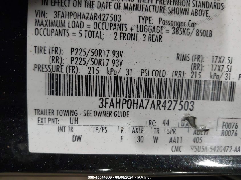 2010 Ford Fusion Se VIN: 3FAHP0HA7AR427503 Lot: 40044989