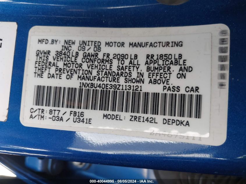 2009 Toyota Corolla Le VIN: 1NXBU40E39Z113121 Lot: 40044995