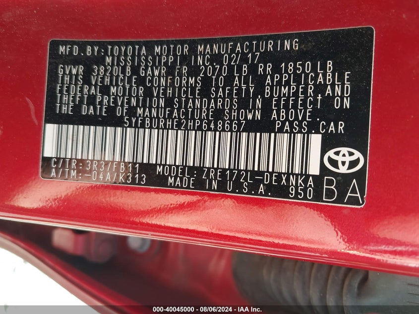 2017 Toyota Corolla Le VIN: 5YFBURHE2HP648667 Lot: 40045000