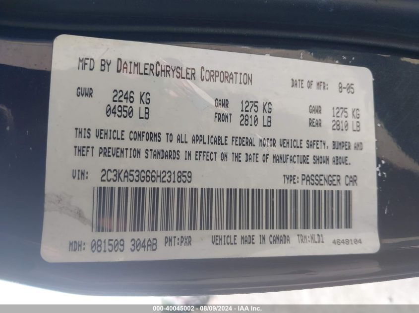 2006 Chrysler 300 Touring VIN: 2C3KA53G66H231859 Lot: 40045002