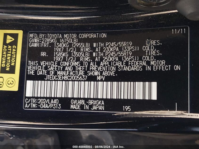 2012 Toyota Highlander Hybrid Hybrid Limited VIN: JTEDC3EH8C2005637 Lot: 40045003