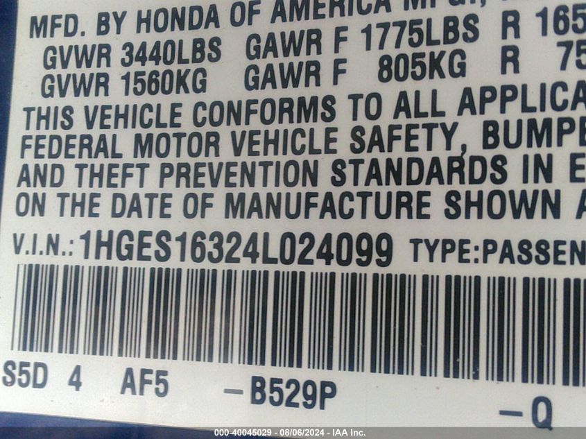 2004 Honda Civic Vp VIN: 1HGES16324L024099 Lot: 40045029