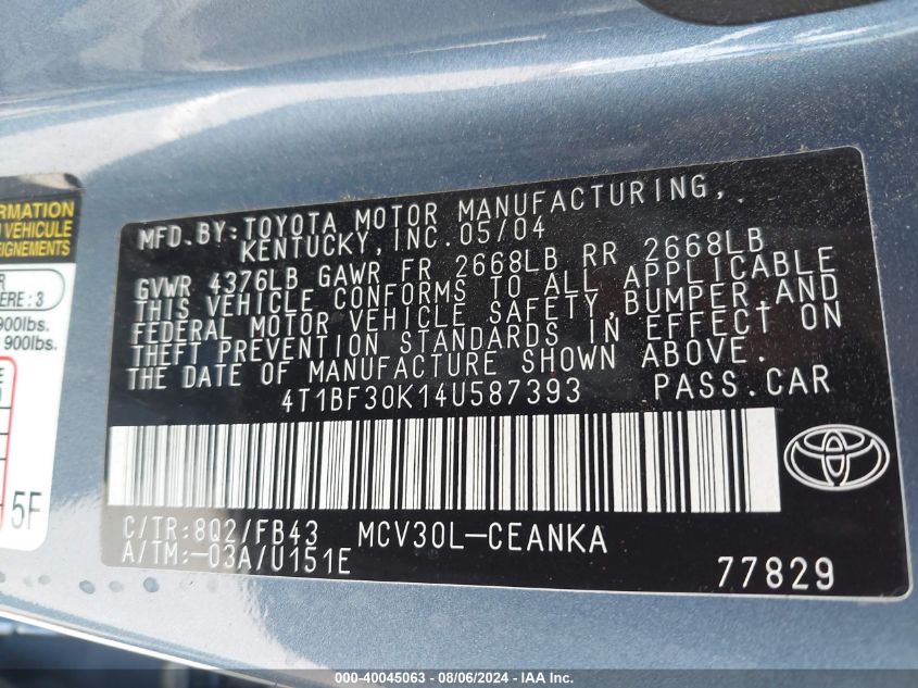 2004 Toyota Camry Le V6 VIN: 4T1BF30K14U587393 Lot: 40045063