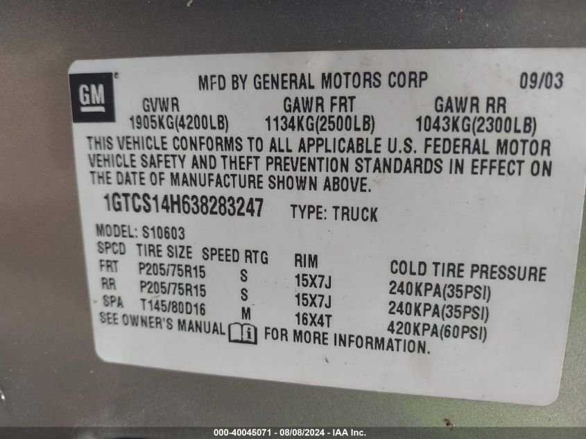 2003 GMC Sonoma Sl VIN: 1GTCS14H638283247 Lot: 40045071