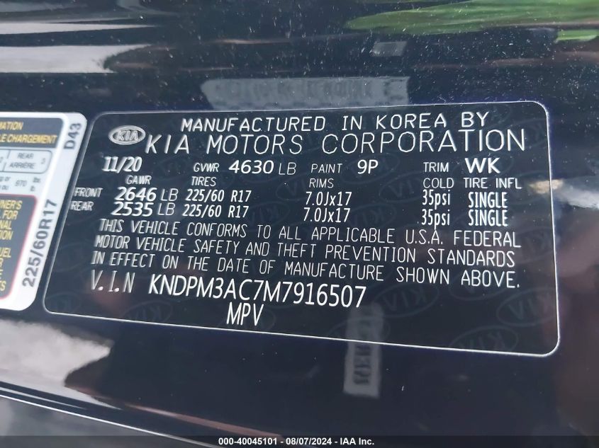 2021 Kia Sportage Lx VIN: KNDPM3AC7M7916507 Lot: 40045101