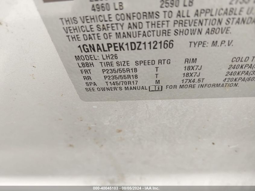 2013 Chevrolet Equinox 2Lt VIN: 1GNALPEK1DZ112166 Lot: 40045103