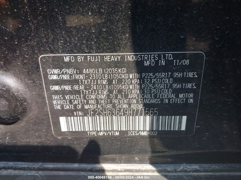 2009 Subaru Forester 2.5X VIN: JF2SH63649H771565 Lot: 40045156
