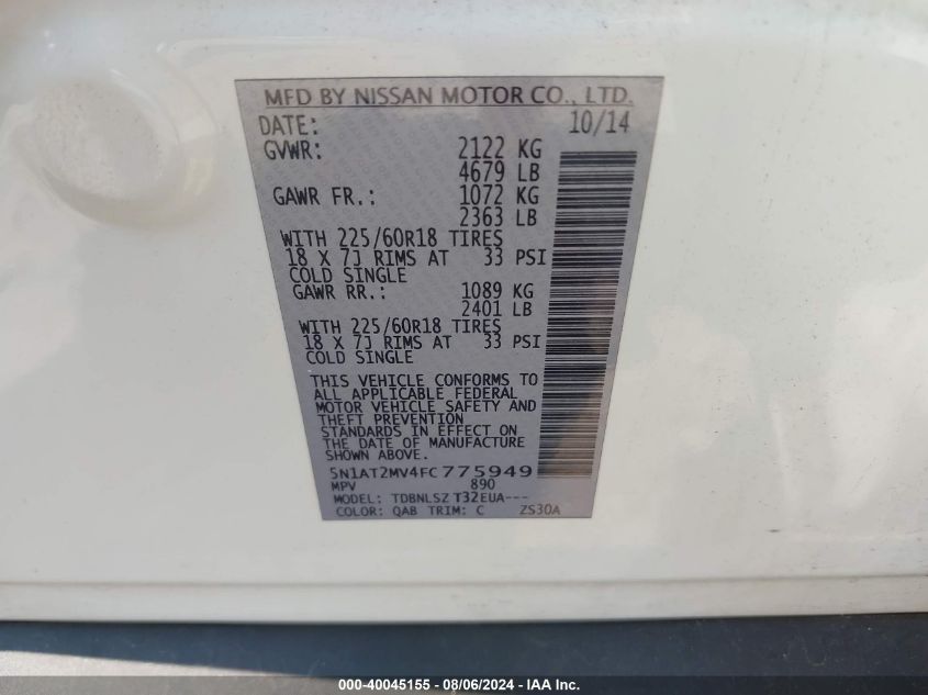 2015 Nissan Rogue Sl VIN: 5N1AT2MV4FC775949 Lot: 40045155