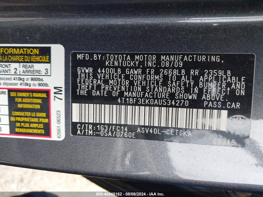 2010 Toyota Camry Se VIN: 4T1BF3EK0AU534270 Lot: 40045162